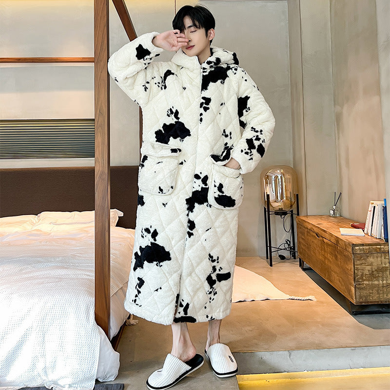 Winter Men's Quilted Cow Fleece Bathrobe Nightgown