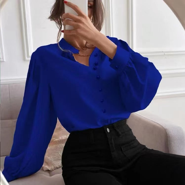 Solid Color Round Neck Long Sleeve Women's Shirt for Commute Style