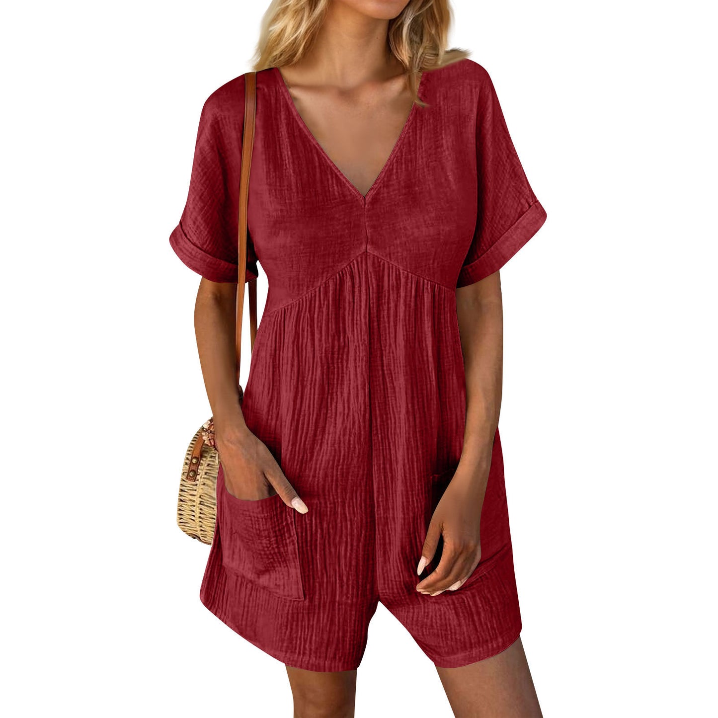 Solid Color V-neck Bat Sleeve Jumpsuit with Pockets