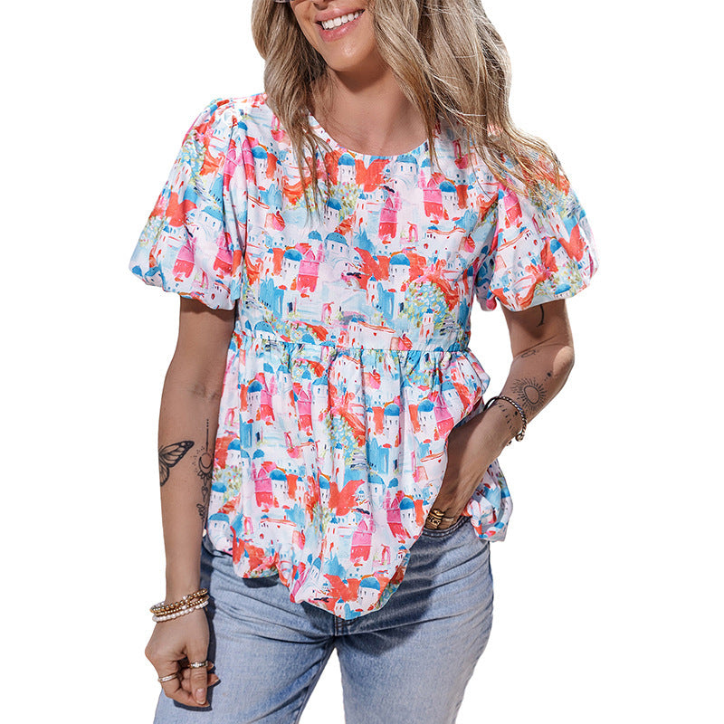 Women's Cute Contrast Color Stitching Round Neck Short-Sleeved Shirt