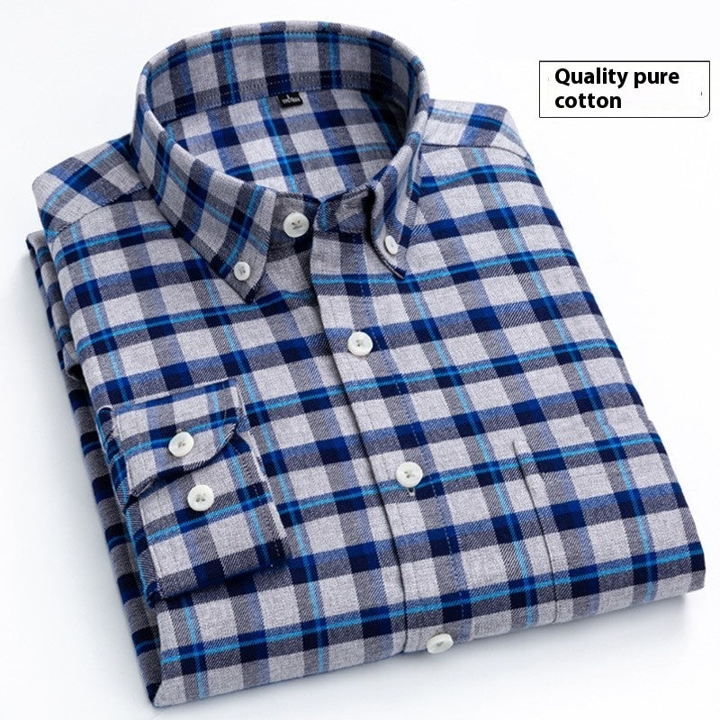 Cotton Brushed Plaid Long Sleeve Business Casual Men's Shirt