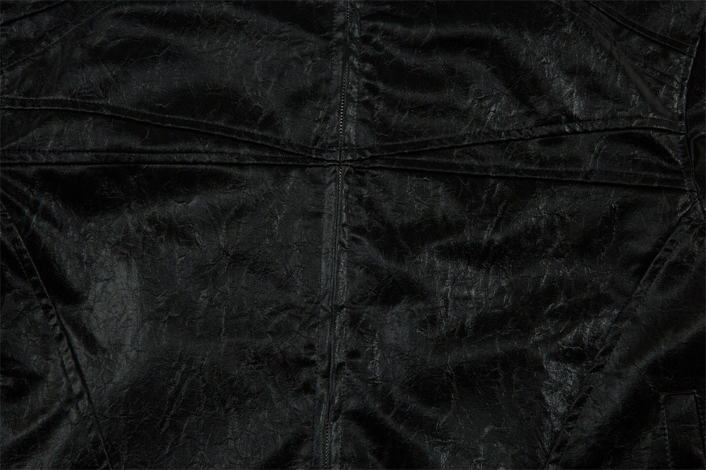 Men's Split Splicing Solid Color Loose Standing Collar Leather Jacket