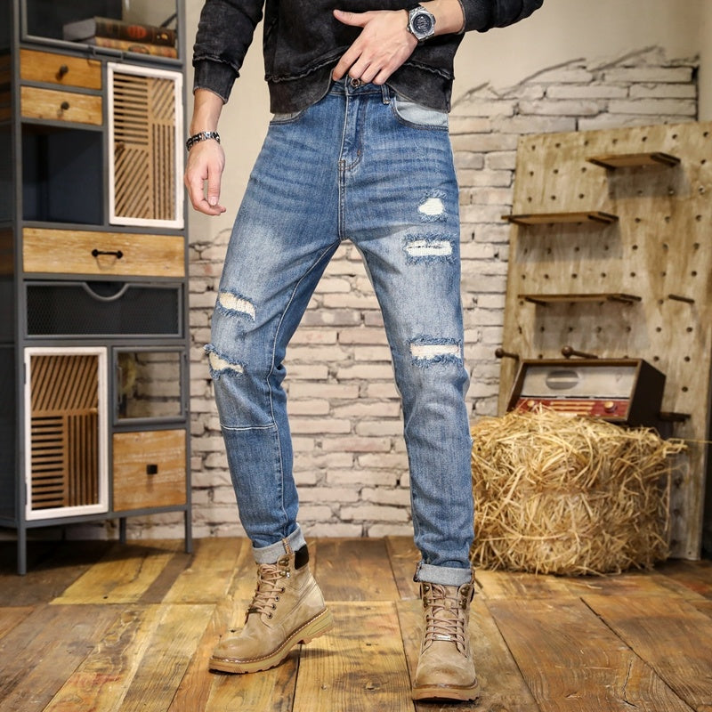 Men's Hole Patch Contrast Slim Fit Jeans