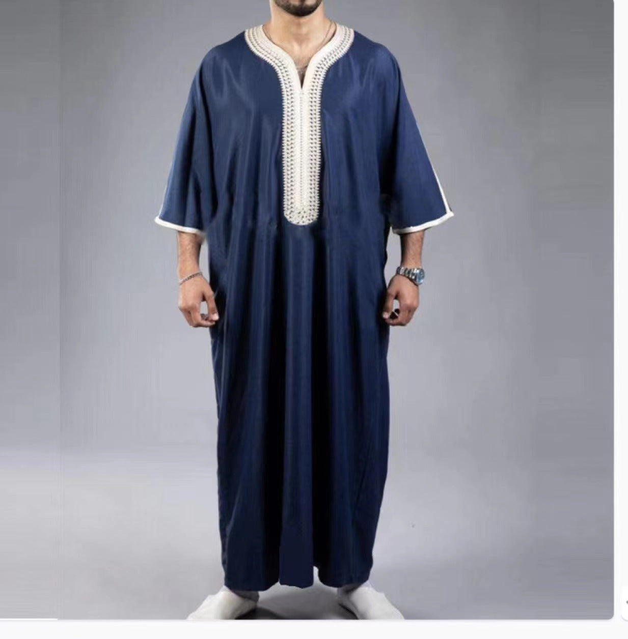 Arabic Robe Mid Short Sleeve Embroidered Navy Blue