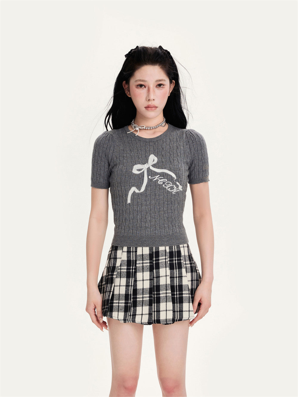 Bow Embroidered Hollow-Out Short Sweater