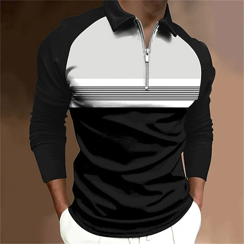 Men's Long Sleeve Color Block Zipper Polo Shirt