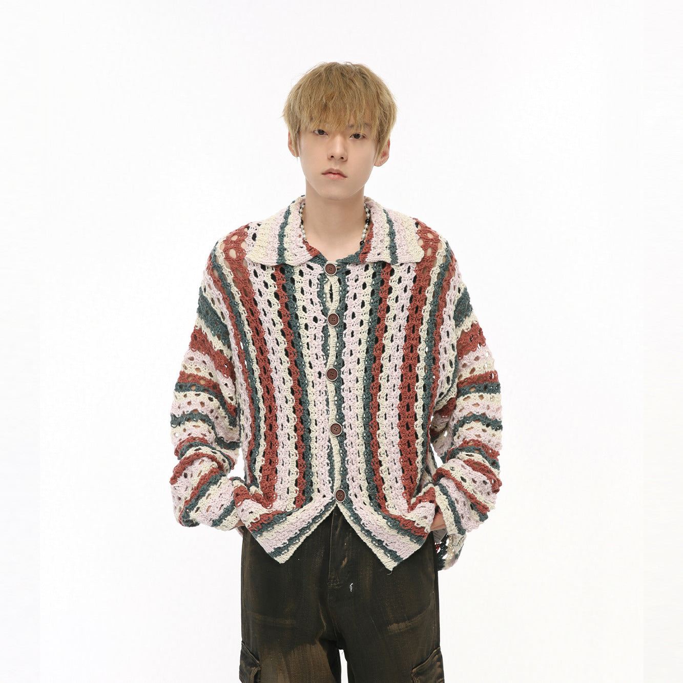 Rainbow Bar Contrast Color Hollow Knitted Cardigan