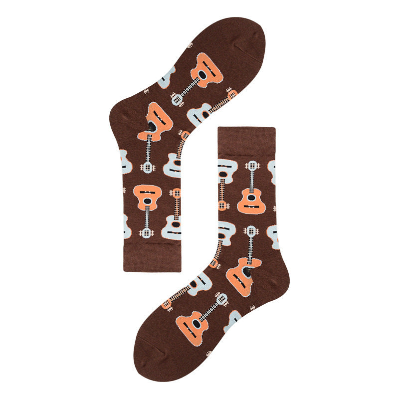 Men's Mid-calf Colorful Guitar Cat Face Cotton Socks