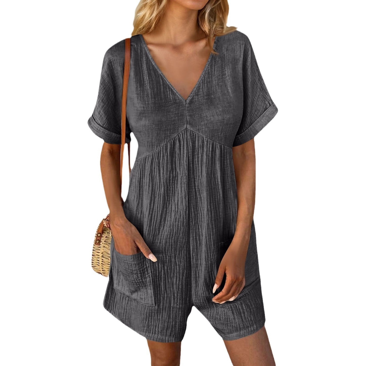 Solid Color V-neck Bat Sleeve Jumpsuit with Pockets