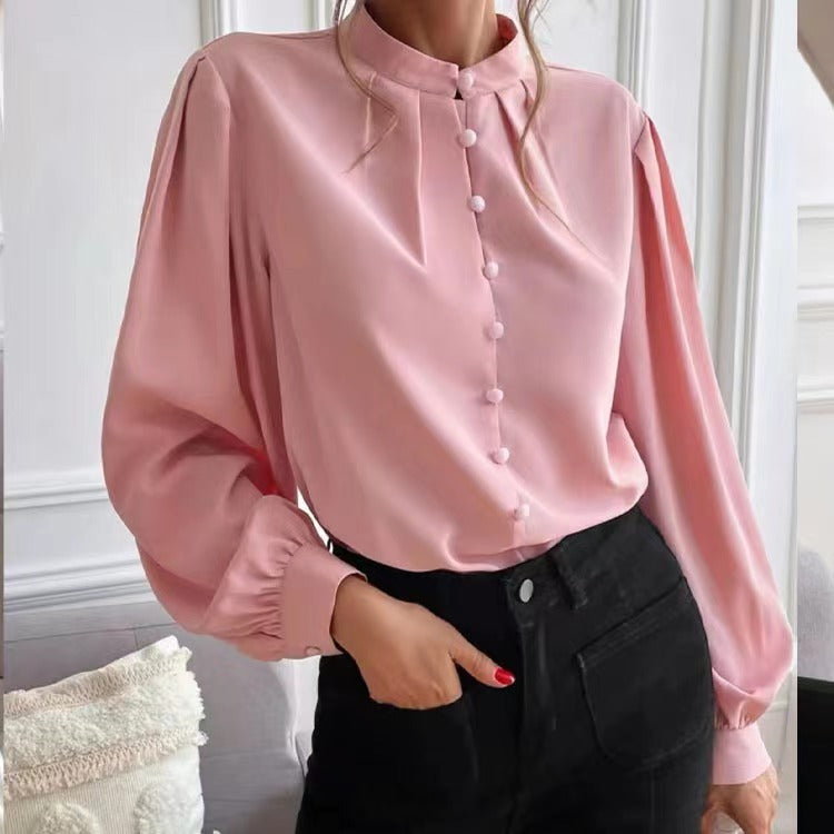 Solid Color Round Neck Long Sleeve Women's Shirt for Commute Style