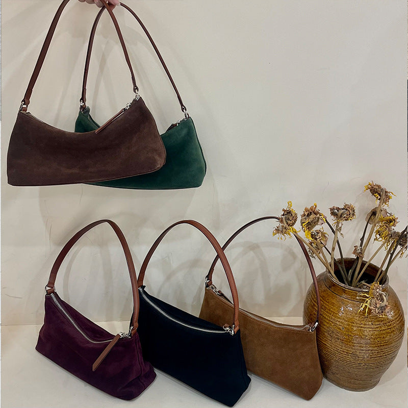 Retro Matte Top-grain Leather Niche Suede Shoulder Bag