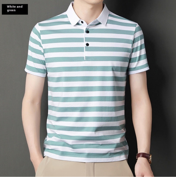 Summer Men's Cotton Ice Silk Striped Polo T-shirt