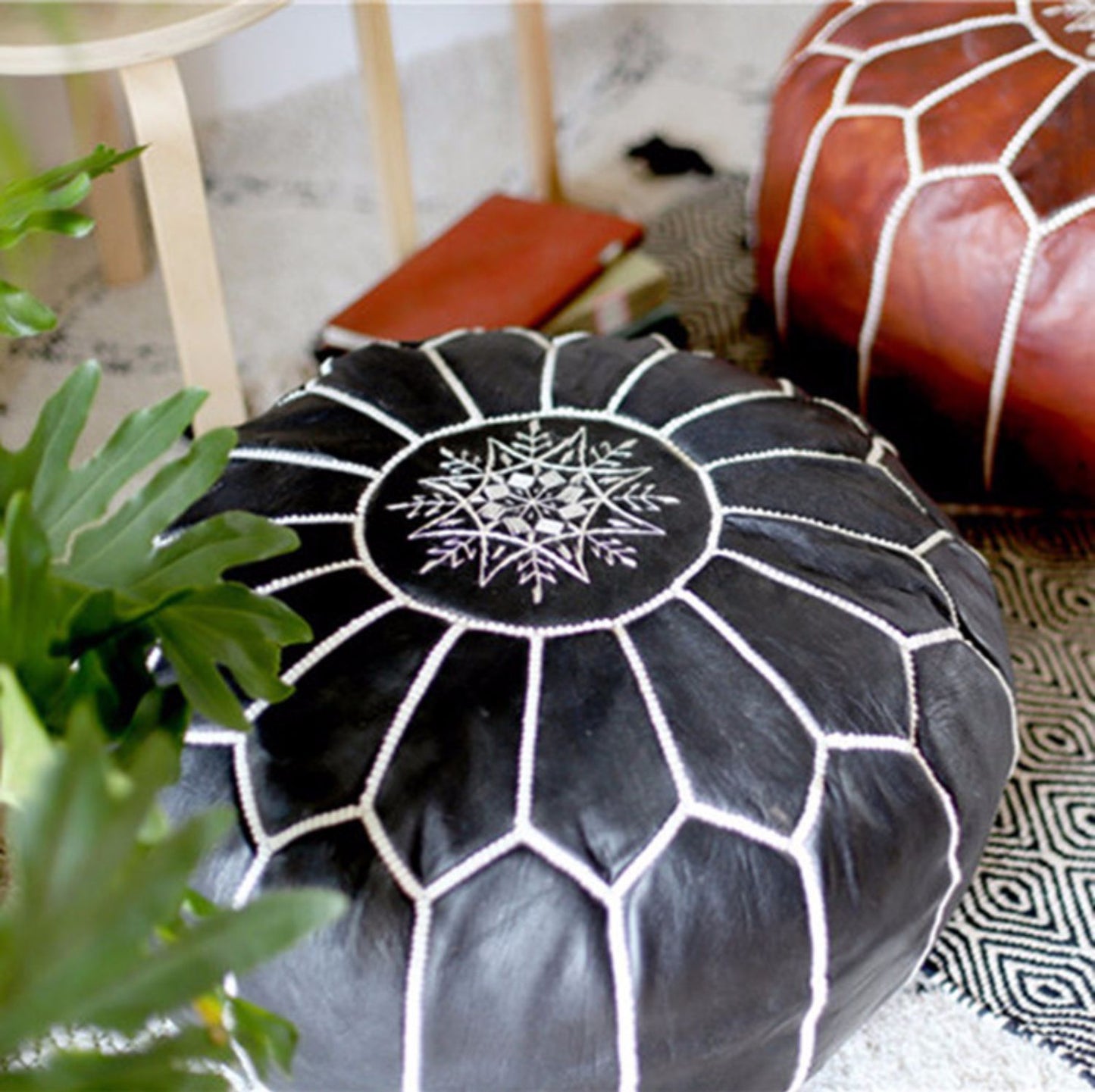 Moroccan Leather Hand-Embroidered Futon