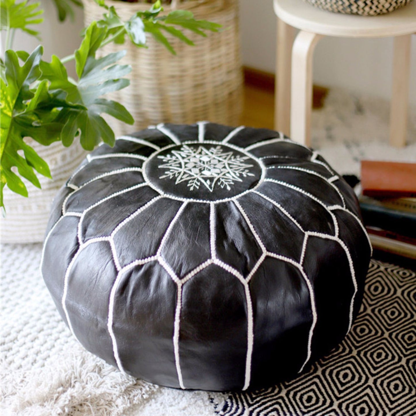 Moroccan Leather Hand-Embroidered Futon