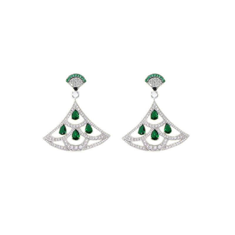 Green Zircon Fan Earrings with Gold Plating