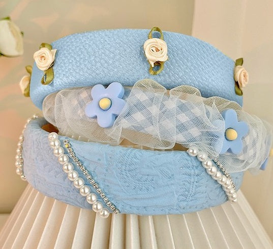 Pearl Mesh Small Flower Hair Band Blue Color