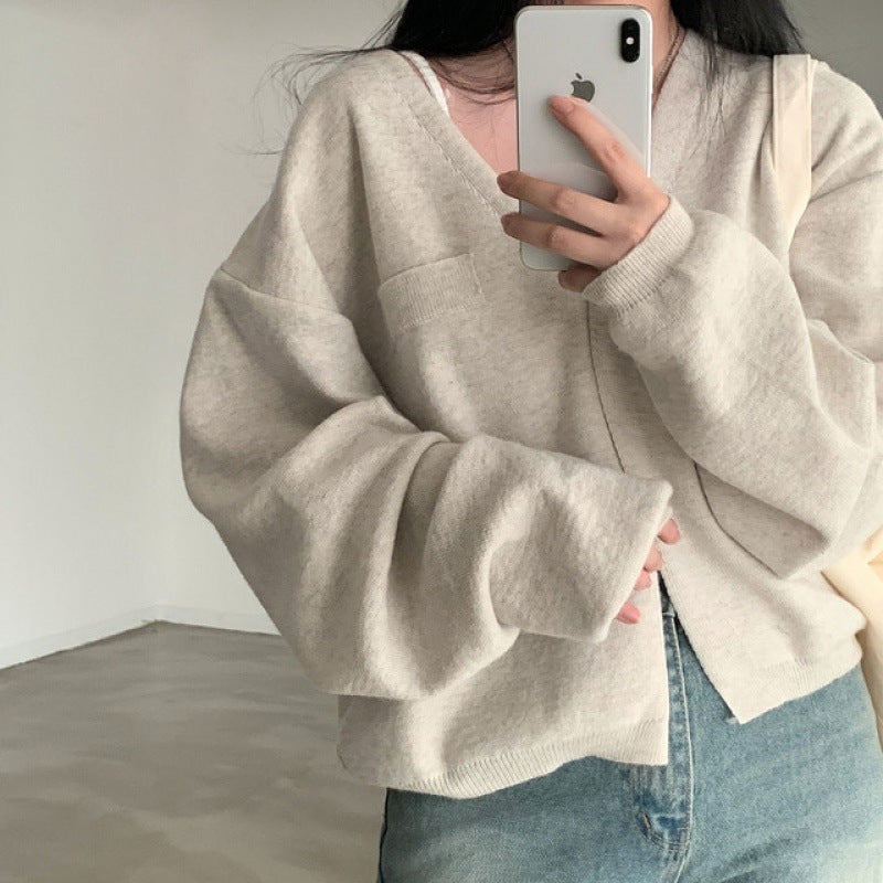 Idle Style V-neck Buckle Soft Loose All-match Long-sleeved Knitted Cardigan