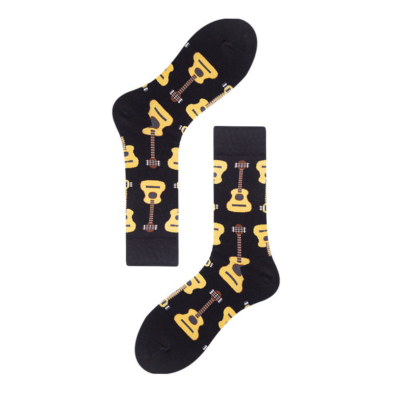 Men's Mid-calf Colorful Guitar Cat Face Cotton Socks