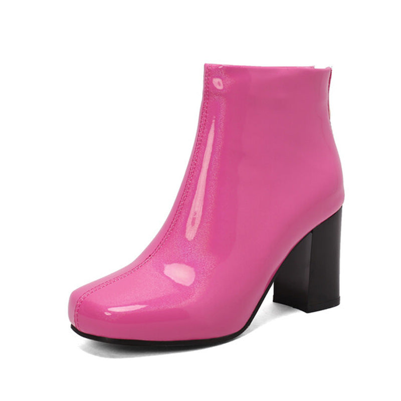 Solid Color Patent Leather High Heel Ankle Boots