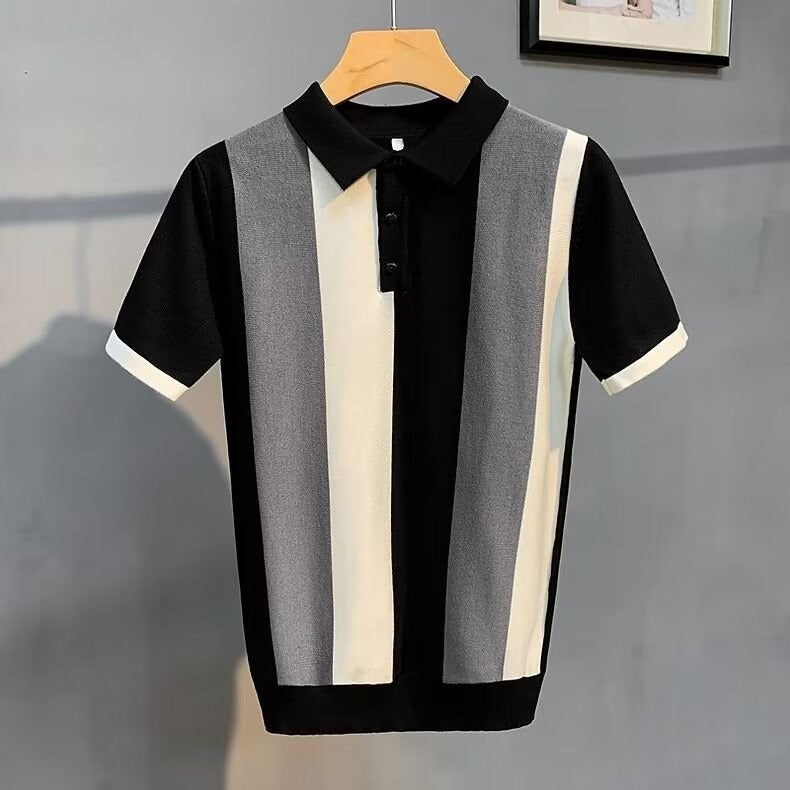 Short Sleeve Men's Vintage Stripe Zipper Shirt