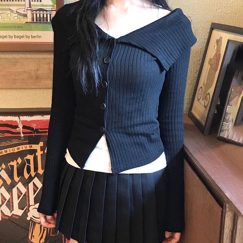 Off-Shoulder Knitted Lapel Cardigan