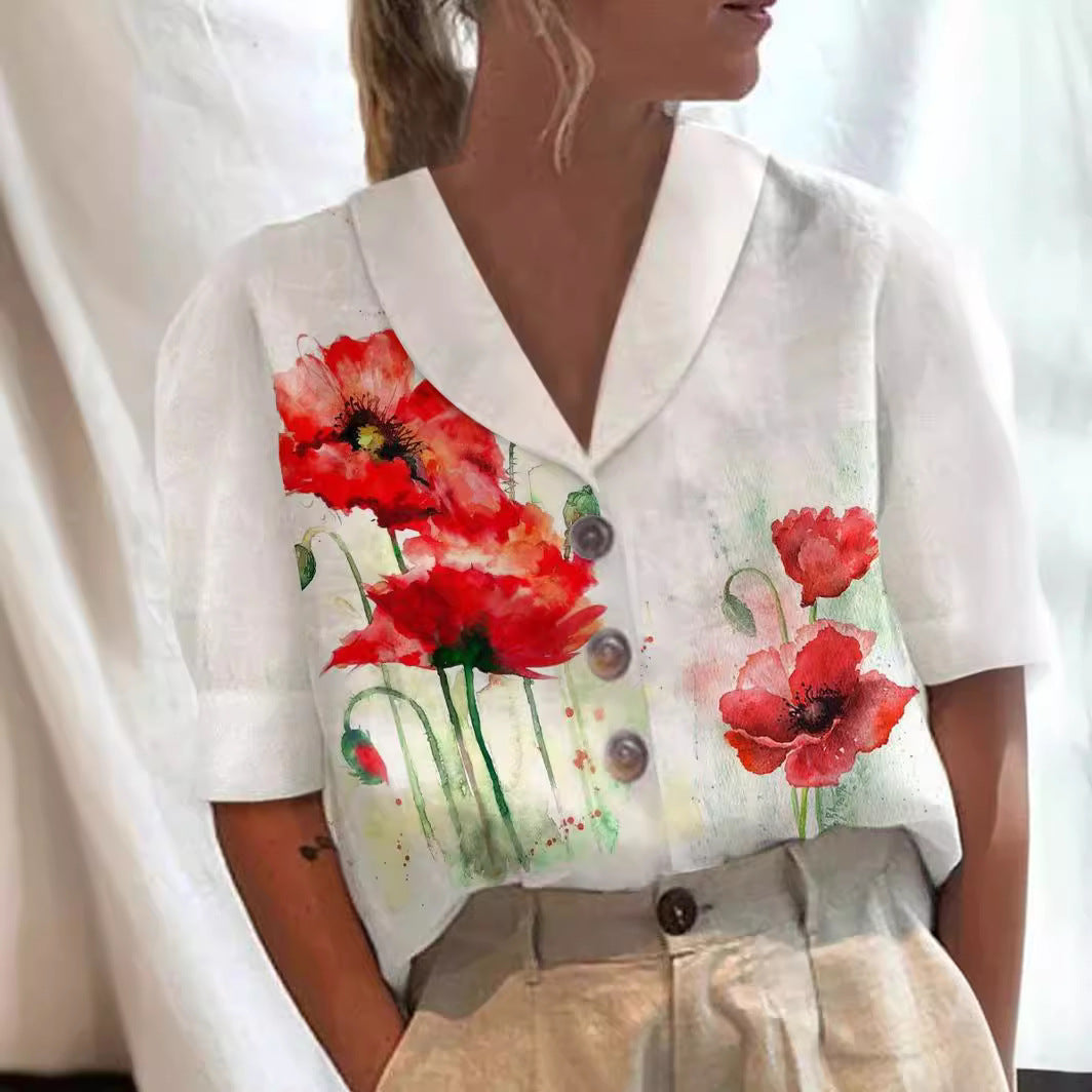 Women's Stand Collar Printed Cotton-Linen Shirt