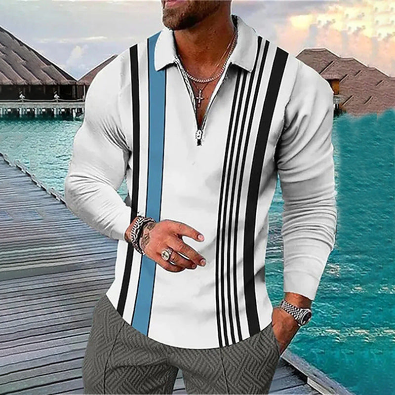 Men's Long Sleeve Color Block Zipper Polo Shirt