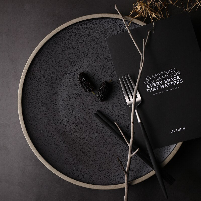 Black Crystal Ceramic Dessert Plate Round Flat Plate