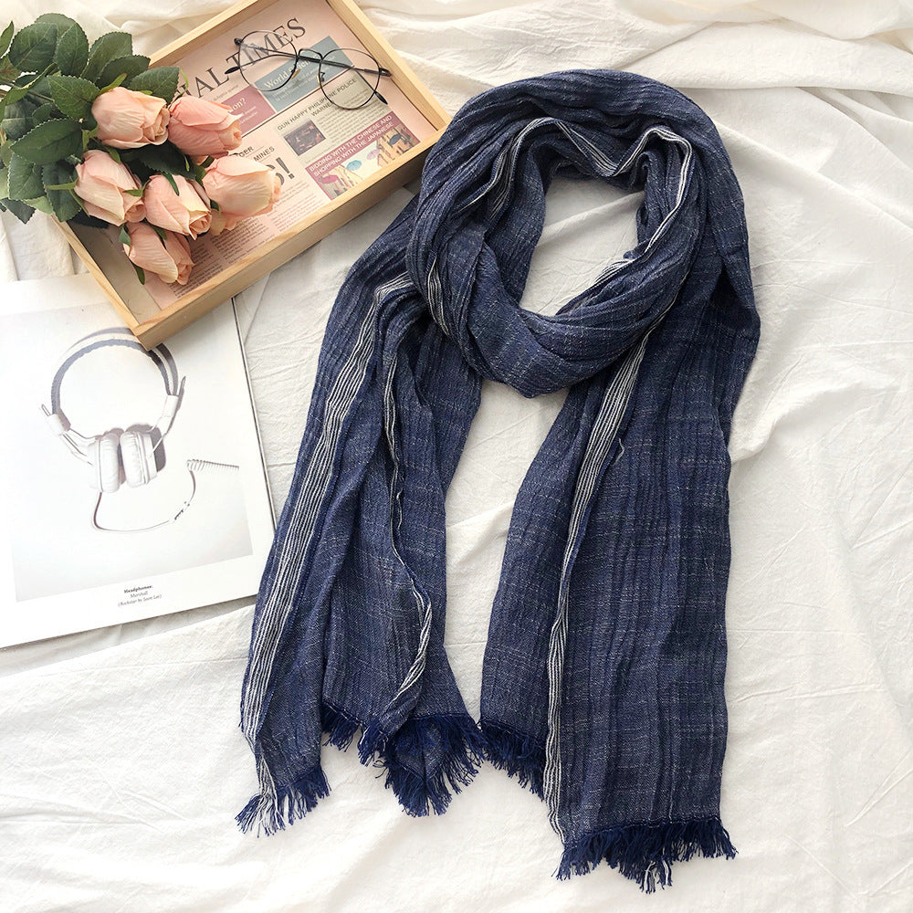 Japanese Korean Striped Solid Color Cotton And Linen Scarf