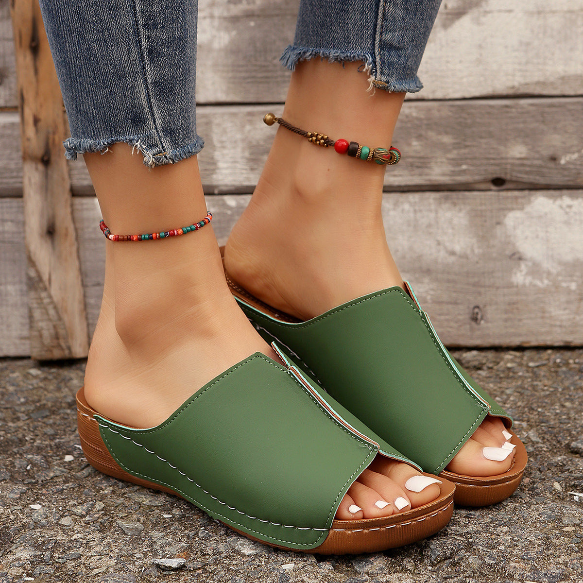 Solid Wedge Peep-Toe Slides