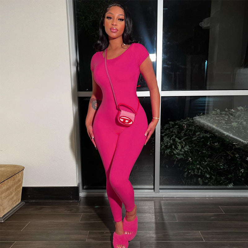 Women's Casual Solid Color Round Neck Backless Skinny One-Piece Trousers
