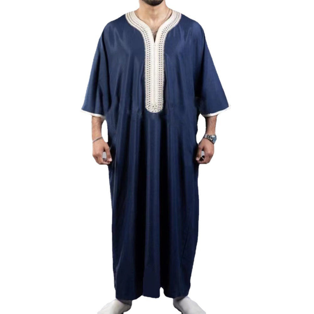 Arabic Robe Mid Short Sleeve Embroidered Navy Blue