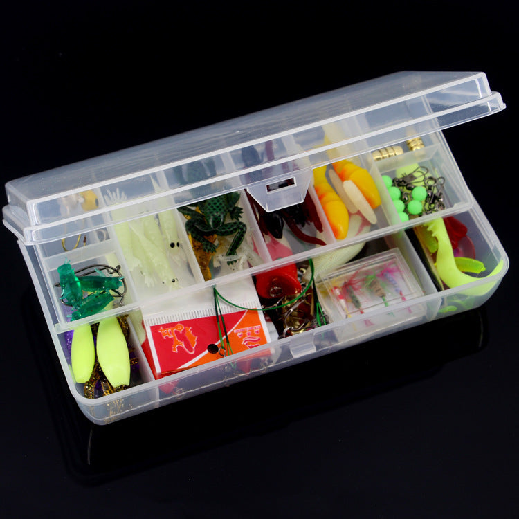 a plastic container filled with lots of different types of fishing lures