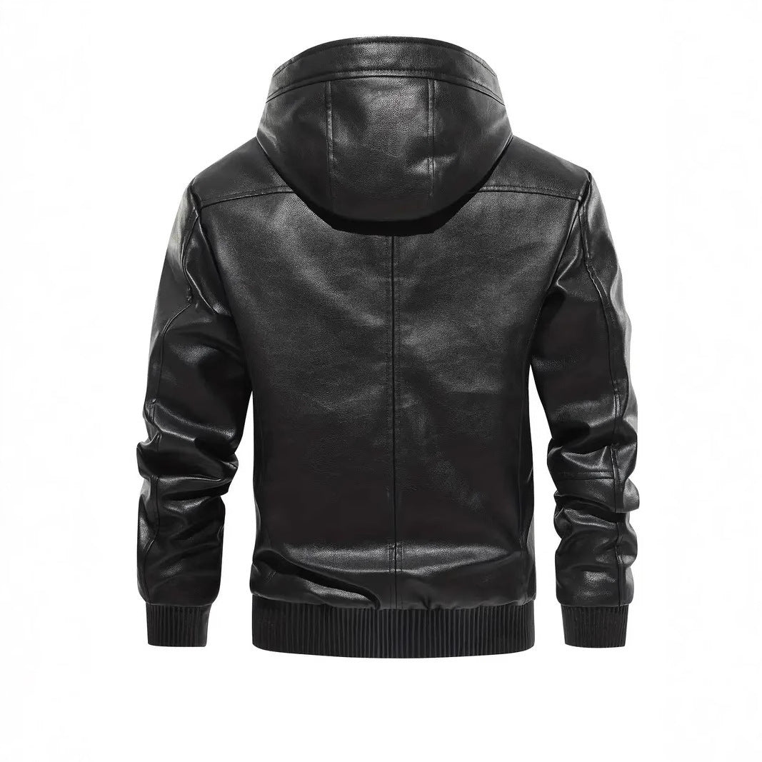 Winter Fleece-lined Men's Casual All-matching Hooded Leather Coat Coat
