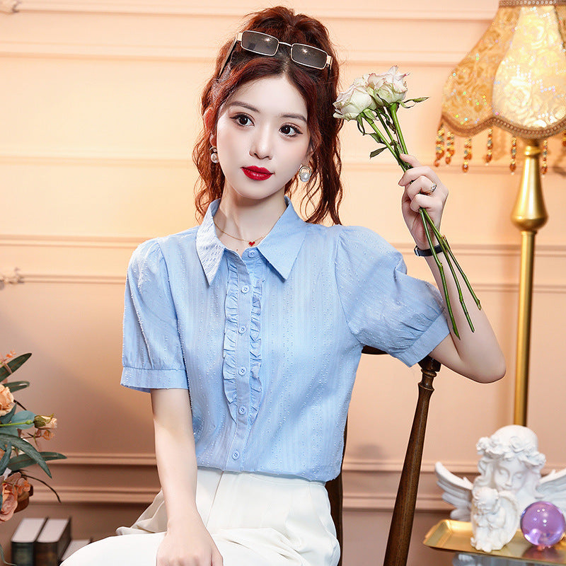 Bubble Sleeve Shirt With Lotus Leaves