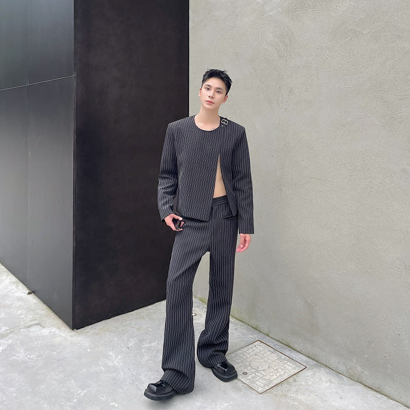 Bootcut Casual Autumn Striped O-neck Short Suit