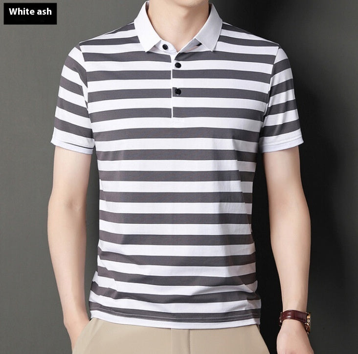 Summer Men's Cotton Ice Silk Striped Polo T-shirt