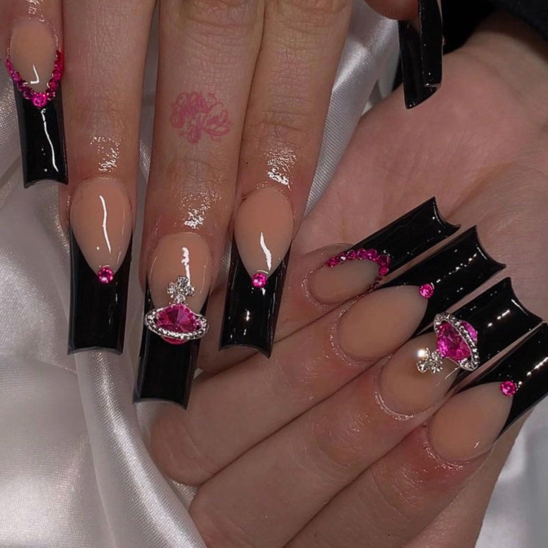 Black Edge Rhinestone Fake Nails