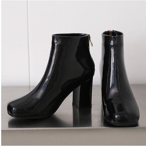 Solid Color Patent Leather High Heel Ankle Boots