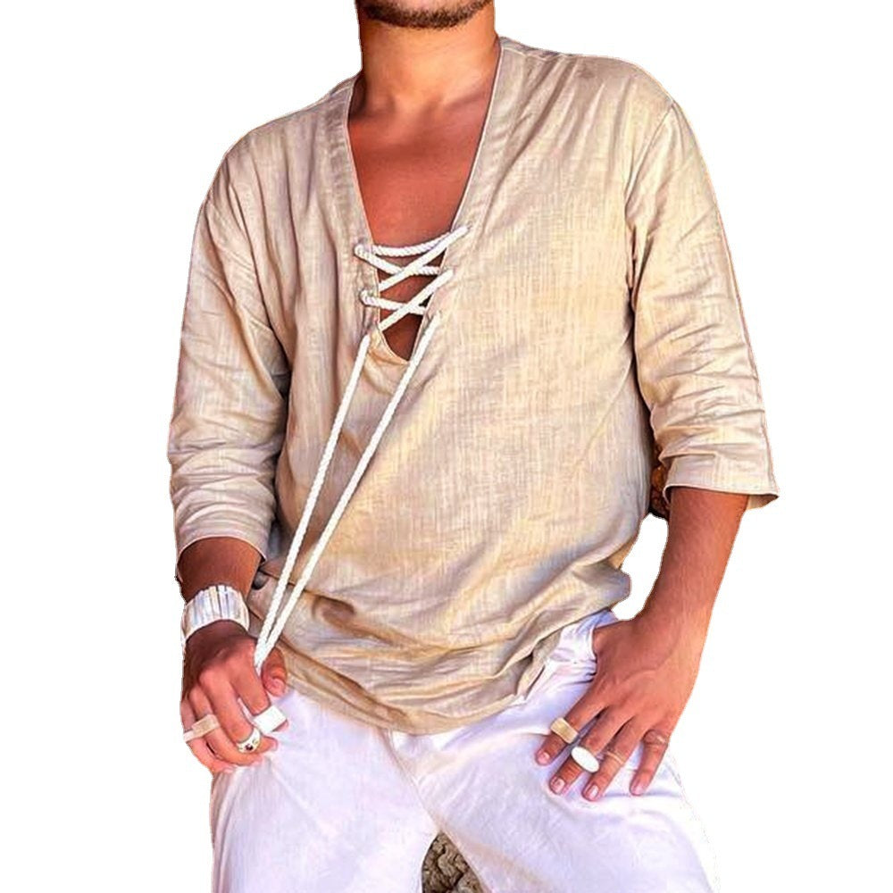 European American Stand Collar Lace-up Slim Shirt