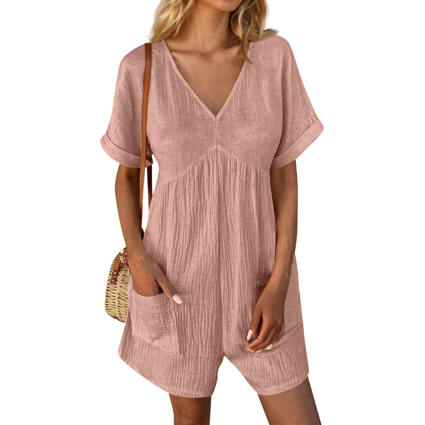 Solid Color V-neck Bat Sleeve Jumpsuit with Pockets