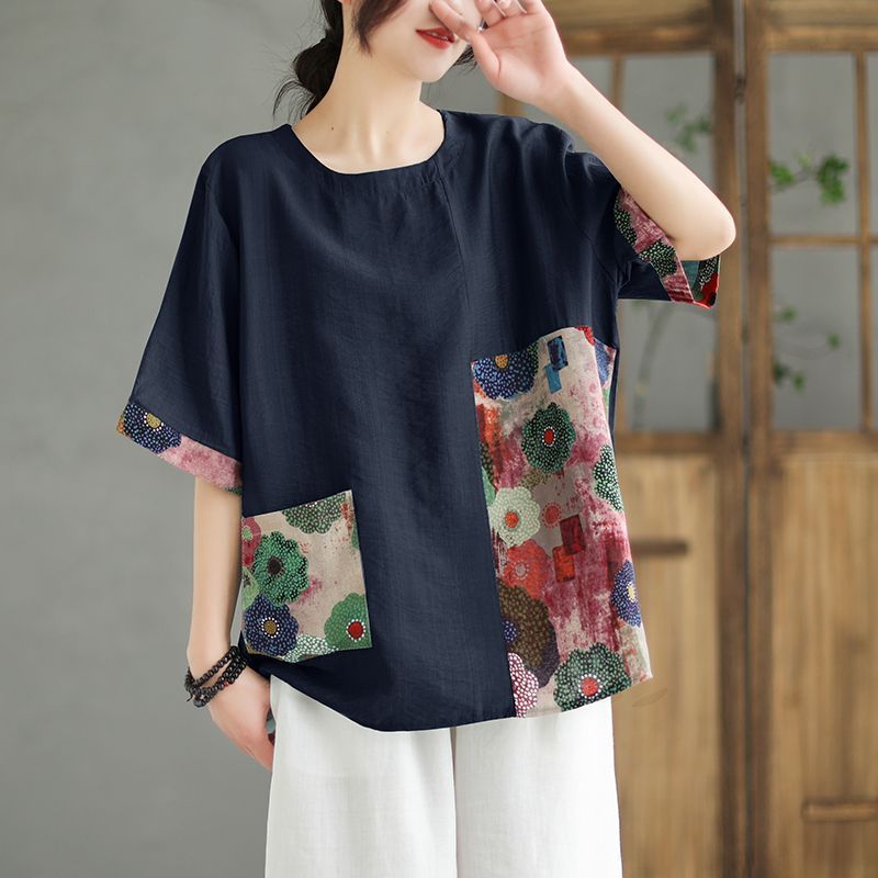 Retro Loose Color-Block Printed Top