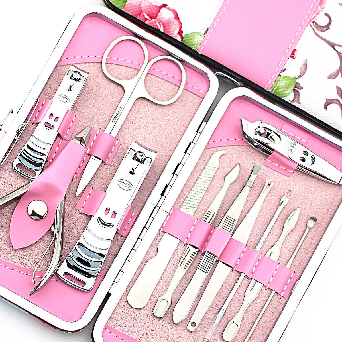 Stainless Steel 12-Piece Pink Flower Nail Clipper Set