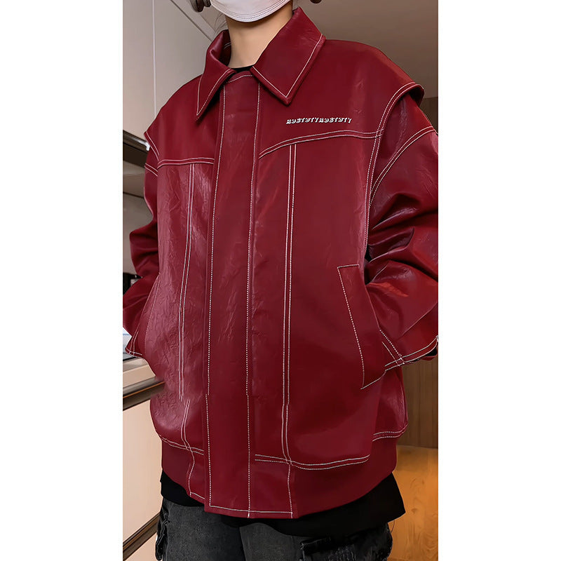 Spring Design Fake Two-piece Leather Coat