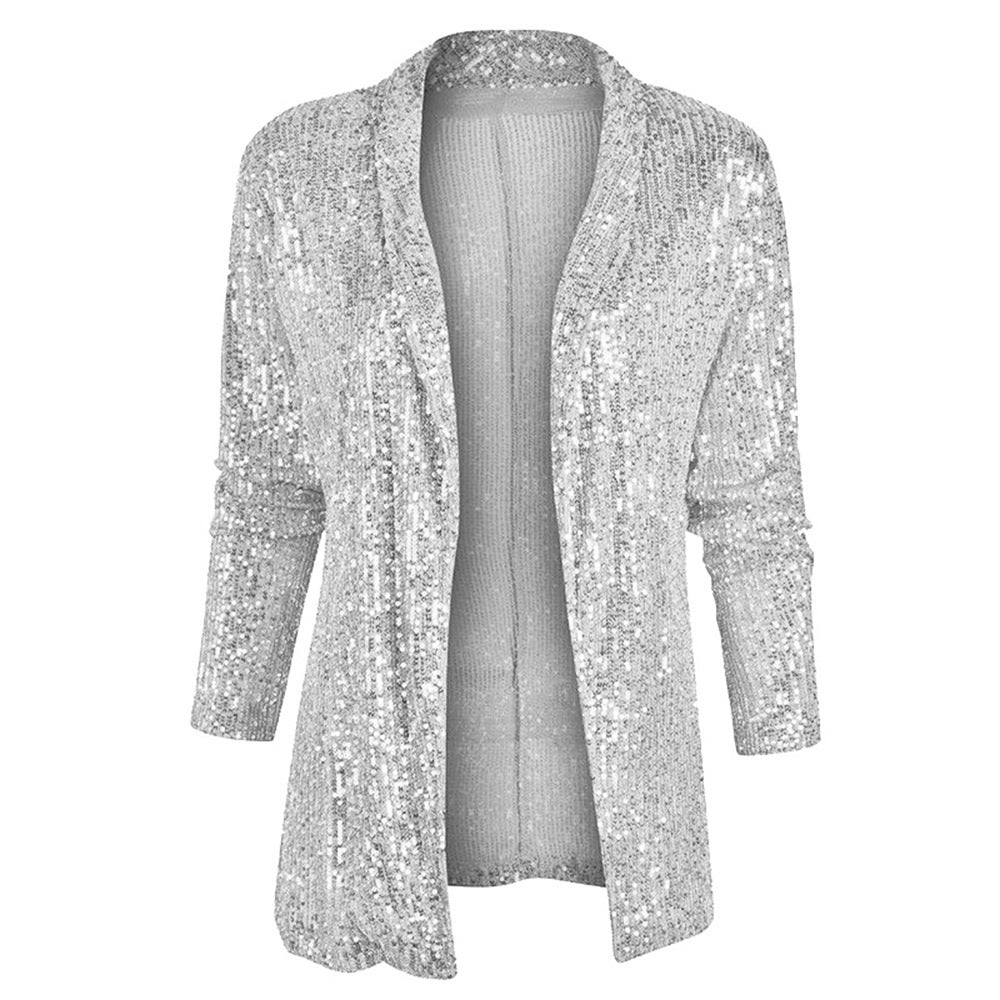 Women's Sequin Long Sleeve Temperament Mid-length Polo Collar Solid Color Coat