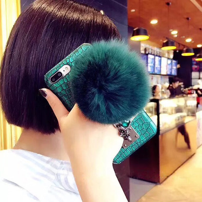 Mobile Phone Case with Fox Fur Ball Studded Anti-Fall Protection