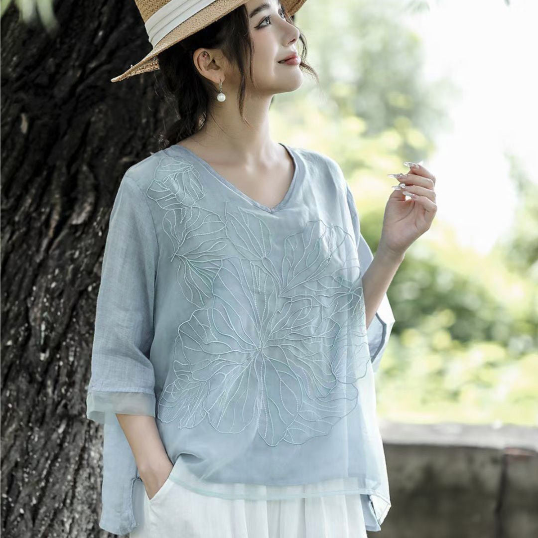 Machine Embroidery Cotton And Linen Shirt For Women