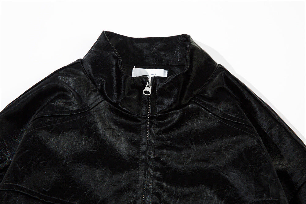 Men's Split Splicing Solid Color Loose Standing Collar Leather Jacket
