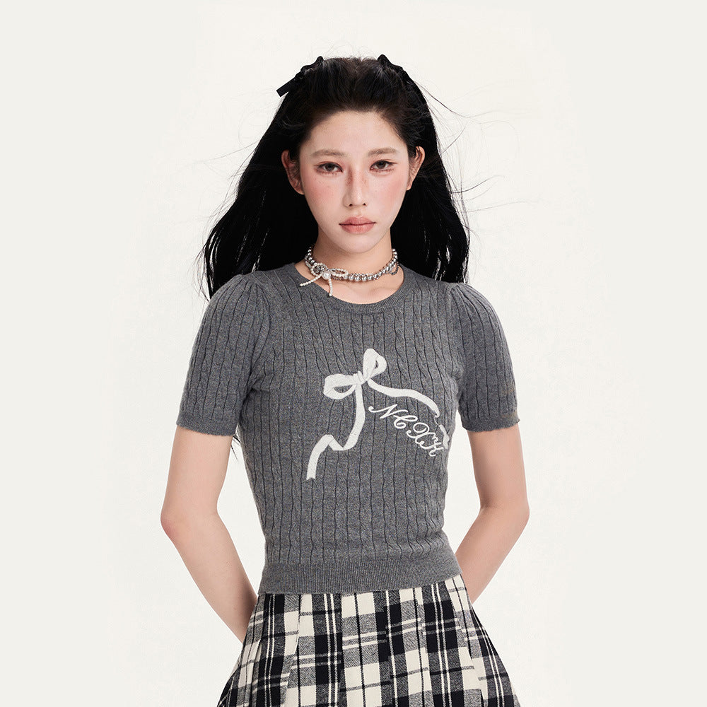 Bow Embroidered Hollow-Out Short Sweater