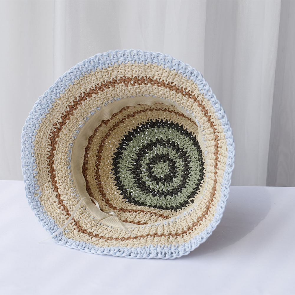Striped Handmade Crocheted Rainbow Straw Hat For Women Foldable Sun-proof